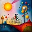 Placeholder: create a whimsical surreal artwork in the style of Joan Miró, symbolic non-human geometric figures on a bicycle, surrounded by floating abstract shapes, colorful triangles as trees, circles like cosmic symbols, a segmented sun dominating the sky, dreamlike vibrant palette with playful textures --ar 16:9 --v 7 --style 4b --q 2