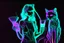 Placeholder: black background, outlines of a holographic girl with a cocktail and cats drawn from thin neon-coloured glowing lines