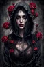 Placeholder: a beautiful and mysterious gothic woman entangled in wire and roses, hoody, dark and gothic lighting, ultra realistic and highly detailed, explosive background, epic, striking messy art style, cracked sealant surface and heavy textures , extremely beautiful