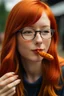 Placeholder: girl with ginger hair in a fringe with glasses and a septum piercing eating a sausage