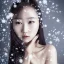 Placeholder: wonderfull korean woman, curves, cyborg, platinum long hair, hair covering one eye, ultradetailed fine art photo of a indian, weet face portrait, snow flakes particles, 35 mm