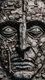 Placeholder: Bosch style painting , A balled face in details . The texture of the face is a collage of many 3D black random letters covering the whole face and the eyes are covered by caves figures