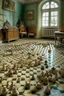 Placeholder: in a room thats just huge sea shells and on the floor in a huge chess board