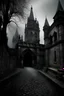 Placeholder: Vampire Castle, Gothic style, creepy, dark and spooky, cobblestone path, statues