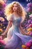 Placeholder: A girl with curly blonde hair and angelic eyes danced in the night amidst the colorful blooms of spring flowers, her pearl princess dress sparkling in the evening air, dispelling gloom with her beauty and grace. highly detailed, digital art, beautiful detailed digital art, colorful, high quality, 4k