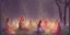 Placeholder: group of woman in colourful dresses meditating in an enchanted forest with a lake at nite, candles in the trees