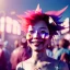 Placeholder: Ultra Realistic photo, medium shot view, drunken sweet dancer Japanese woman, carnival scene, monster hair, steampunk style. Red hair, confeti, smile, happy, festival, ovnis, gradient color fog. highly detailed, concept art, unreal engine 5, ray tracing, RTX, lumen lighting, ultra detail, volumetric lighting, 3d, finely drawn, high definition, high resolution.