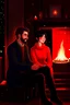 Placeholder: Fire place Christmas scene, dark haired couple, man with short black beard, blue eyes, young couple, graphic