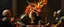 Placeholder: portrait painted by Rembrandt, stupid looking fire breathing dragon fox in chains and knights armor at banquet