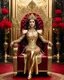 Placeholder: The Beautiful Queen sits on a luxurious palace chair, wearing luxury clothes with luxurious armor design, made of gold metal plate, metal craft with luminous diamond glitter, on the outer surface of the luxury jewelry decoration very small diamond stones, heart shape red diamond stones, black decoration leaves and small rose flower decorations are incorporated, emitting light, golden background