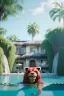 Placeholder: Realistic pool scene. big furry monster into water. Wes Anderson style. Red hair, smile, happy, gradient color fog. highly detailed, concept art, unreal engine 5, ray tracing, RTX, lumen lighting, ultra detail, volumetric lighting, 3d, finely drawn, high definition, high resolution.