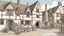 Placeholder: A Paved Courtyard, With Tudor Gothic Houses, Tall Chimneys, Crooked Roofs, a small stream, People, Shops,