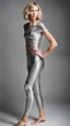 Placeholder: photography of a beautiful anorexic woman, silver satin top, sports illustrated, blond short wavy bob haircut, pronounced sternum, short leggins