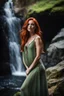 Placeholder: Close UP, delicate, cute, soft, skinny belly red haired Young lady, with freckles, Green eyes , cave waterfall, medieval