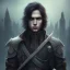 Placeholder: Male, Human, dark long hair, Black Eyes, Young, Photorealism, Full Body Shot, City Background, sharp focus, dark, black, steampunk, sword