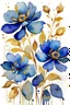 Placeholder: watercolor abstract big BLUE flowers with golden outlines on white background