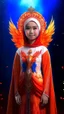 Placeholder: Full body wide-angle RAW photo, the fire princess wearing very luxurious and jewel-embellished clothes, fully covered, holding a fire shawl, opals and flower decorations, fractal wing texture, coming out of a burst of fire, winter scenery in the background, beautiful woman's face indonesia, high detail skin, phoenix, fire, 8k uhd, dslr, soft lighting, high quality, film grain