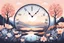 Placeholder: pastel landscape flat illustration of clock in the centre and nature with clear space for deck design