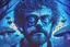 Placeholder: Terence McKenna in a psychedelic field of glowing blue and purple mushrooms in a nighttime forest full of fireflies and fairy lights in an illustrated digital art portrait style