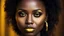 Placeholder: an eye contact of a Ugandan woman, (black skin:1.3), yellow spotlight, dark theme, lonely, Lavish, Matte black eyeshadow with a cut crease, metallic lipstick, golden ratio, Almond-shaped eyes, Freckles, indietronica, soft lighting, bokeh