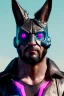 Placeholder: Medium Close Up Portrait, Front image. cyberpunk, rabbit mask, strong man, black hair and beard. latex suit army. Pink, black, color. Cyber futuristic style. Color background, photo studio. Avatar image, highly detailed, concept art, smooth, unreal engine 5, ray tracing, RTX, lumen lighting, ultra detail, volumetric lighting, 3d, finely drawn, high definition, high resolution.