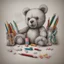 Placeholder: Pencils, pills, a teddy bear,, pencil drawing in colors