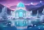 Placeholder: magnificent palace , roofs made with cristal and transparent dome and clear turquoise walls, in the snow, bright,in the foreground icy lake of turquoise water,in front of the lake in the foreground a lot of very small and delicate pink andwhite flowerss, magical and magical atmosphere, in the background snowy mountains, dark blue sky with stars, light particles and a small planet, stars in the sky, fir trees,little particles of light everywhere