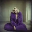 Placeholder: actress marilyn monroe , hippie girl, purple fur, in a liminal empty room, old autochrome