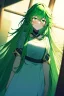 Placeholder: girl, masterpiece, best quality, cinematic lighting, detailed outfit, vibrant colors, perfect eyes, green hair, very long hair, green eyes, messy hair, long hair, looking down, nervous smile, indoors, light rays, god rays, looking down,