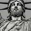 Placeholder: line toned, hedcut, wsj style, statue of Jesus of Liberty with a beard and wearing a cross and hanging from a cross, The statue male, hyperdetailed intricately detailed photoillustration ink drawing dystopian 8k resolution entire body of the statue is in the picture. digital illustration telephoto lens photography , same colors as the us treasury's one dollar bill, crucified"