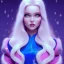 Placeholder: Snow white, beautiful, soft,long straight blonde hair blues eyes, transparent and pink and blue suit, background brillante pink and blue,