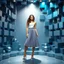 Placeholder: make a picture pretty stage made of metallic blue-gray teme 3d recursive cubic and sphere and cylinder base structures and a beautiful fashion model lady standing with cute in scene with sexy top and pretty pleated midi skirt ,makeup curvy long hair,dynamic camera zoom to full body and pan, dynamic lights.