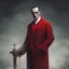 Placeholder: a sinister figure wearing a red suit with a red tie and a priest's clerical collar with no face and dirty slicked back hair