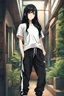 Placeholder: attractive anime woman with black long hair, t-shirt and sweatpants, full body in frame,