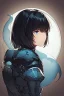 Placeholder: Motoko Kusanagi from "Ghost In The Shell (1995)", clad in medieval stell plate armour, melancholic, alone, big blue eyes, perfect, beautiful, black hair, correct proportions, in the style of "Ghost in the Shell (1995)"