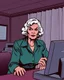 Placeholder: older woman hotel desk clerk from an american comic, 70s horror comic