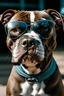 Placeholder: a photo of a pitbull wearing sunglasses