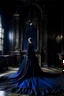 Placeholder: The Countess is a ghost, she has a long, flowing dark blue dress, she is in her castle, Hanging in the castle room, there is a tapestry composed of the preserved faces of the Countess' ancient victims.