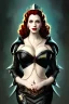 Placeholder: painting of christina hendricks as evil queen in black leather, feminie, angry, volouptous, busty, cleavage, emperious, mature, highly detailed, digital painting, artstation, concept art, smooth, sharp focus, illustration, art by gaston bussiere and alphonse mucha