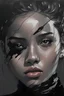 Placeholder: Portrait of a young woman with short black wavy hair covering her forehead with a medium-sized black horn sticking out on the right side of her forehead, with gray eyes, with a dark skin complexion in Yoji Shinkawa style, with black and white colors.