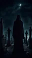 Placeholder: A mysterious eerie tall figure in a black robe, towers over a dark, ominous cemetery at night. Cinematic style.