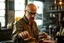 Placeholder: man looking like "Walter White" in breaking bad tv show, bald and goatee glasses, picking up a packets of condoms from a desk in a slum bar, smoke and light from windows