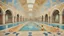 Placeholder: Superb symmetrical pictorial multicoloured mosaic floor, swimming pool, bathers, swimmers, water feature, walls with pictures of bathers and swimmers, symmetrical cathedral style high ceiling, relaxation, romance, luxury, dream world, calm beauty, perfect symmetry, fantasy world, magic, beautiful symmetrical composition, exquisite detail, 85mm lens, adjust perspective, chiaroscuro, night, darkness, dramatic lighting