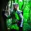 Placeholder: Please create an image for a young elven male with light brown skin, silver hair, and green eyes. He is standing outside in the forest during springtime, wearing leather armor and wielding a large crossbow. He is accompanied by a small mechanical bird and a walking suit of armor