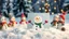 Placeholder: A Christmas card mockup placed on a snowy ground, surrounded by snowmen wearing colorful scarves and mittens. The card design features a playful snowman with a carrot nose and coal eyes, with snowflakes gently falling around it. The background includes frosty trees and twinkling lights, evoking a cheerful winter wonderland.