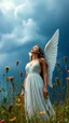 Placeholder: A beautiful Angel like woman standing looking up in the background and plants of out of this world in a blue and gray cloud of stormy weather a