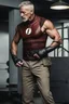 Placeholder: 3/4 side view, head to waist image, professional quality photograph, a physically fit, extremely muscular, athletic, middle-aged man, Jay Garrick the Flash, with broad shoulders and massive arms, short, graying hair and a goatee, dark eyes, large, curved nose, and a square jawline, wearing a silver metal world war I Military hard hat with a flat brim all around it and gold lightning bolts on either side, and a (((long-sleeved))), red, cotton, pullover shirt with lightning on the chest,