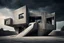 Placeholder: photo from high realistic strange giant asymmetrical concrete house with wide and asymmetrical unique rooftop, deep, dark and complementer colors, metalic, minimalism, random utopistic background, landscape, detailed, sharp focus, cinematic