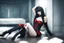 Placeholder: Full-body shot, of slender emo woman, lying on the floor, legs stretched out, long straight dark hair with bangs, fair skin, red lips, slender, corset, stockings, stilettos, fantasy background