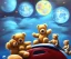 Placeholder: little boy and big teddy bears on moon. drifting in old bmw. oil on canvas